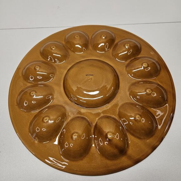 Vintage Retro Glazed Pottery Hazel Brown Deviled Egg Serving Platter - Picture 5 of 8